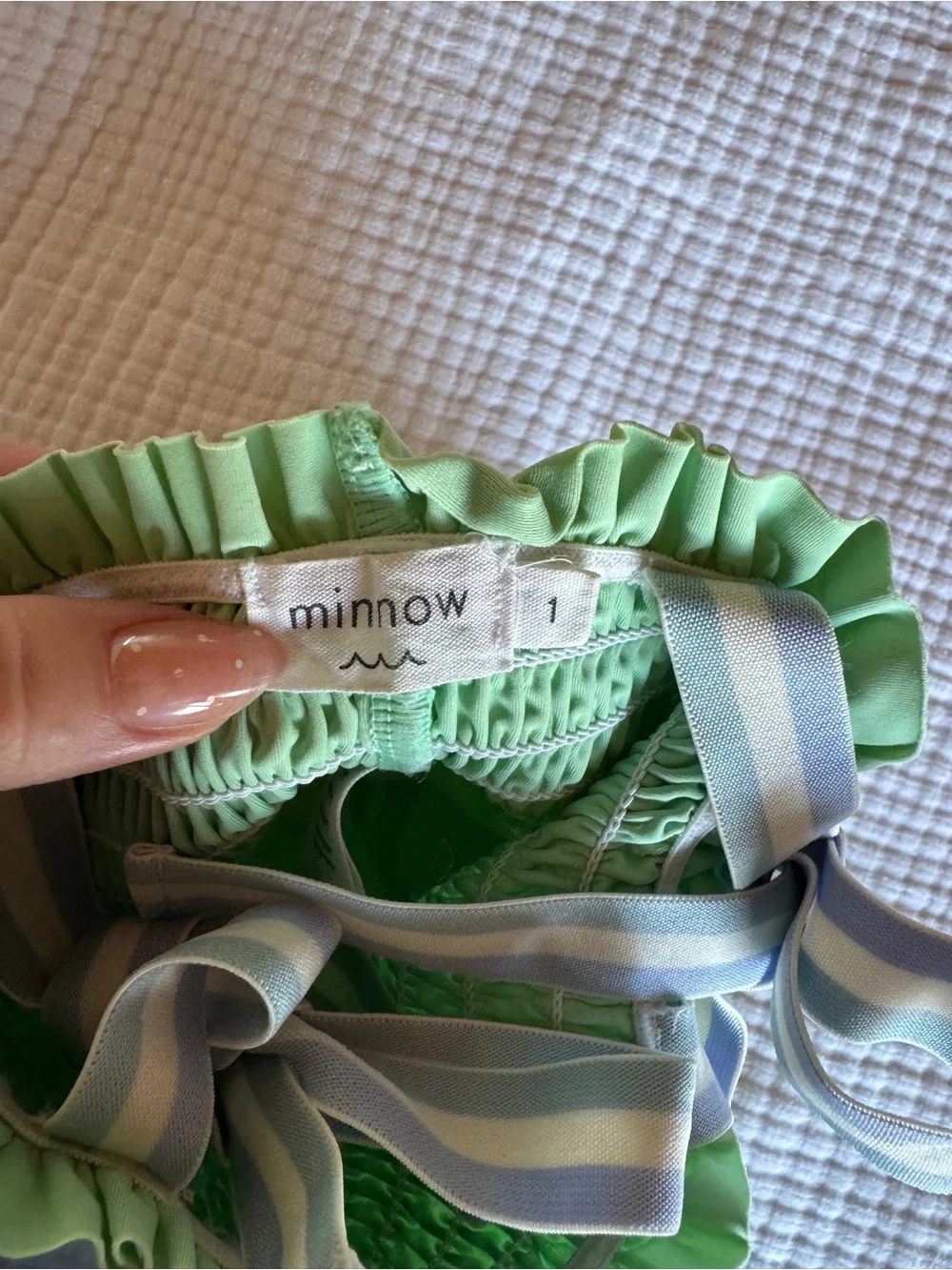 MinnowSmocked Green Girls One-Piece Swimsuit with Striped Tie Straps - Kids